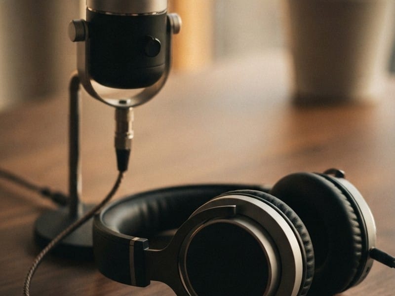 A desktop microphone on a stand and a pair of over-ear headphones rest on a wooden surface.