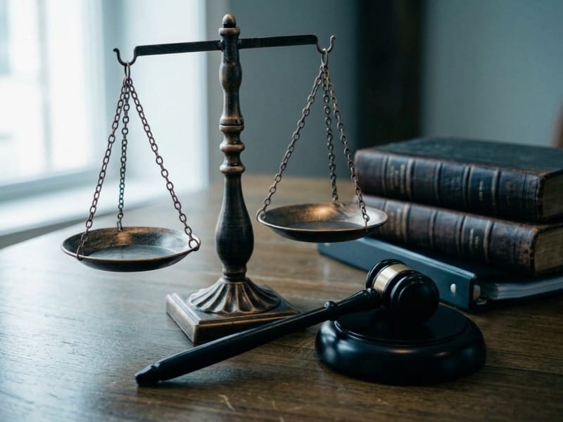 Brass scales of justice on a desk with a gavel and stacked leather books