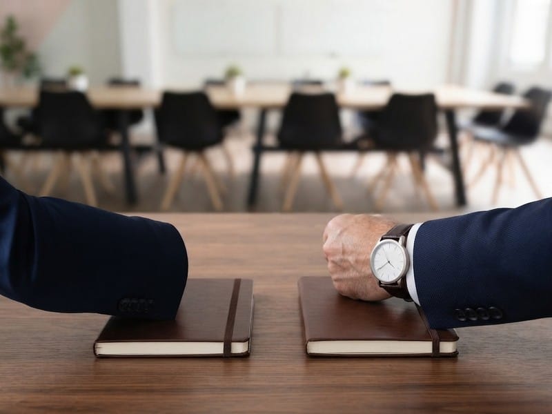 Two suited arms resting on brown notebooks on a wooden table in front of a blurred conference room.