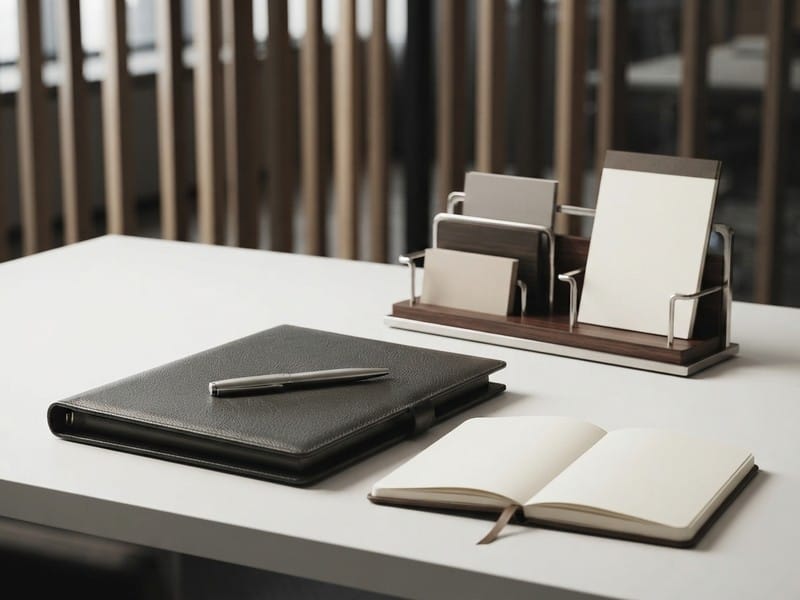 A closed leather portfolio with a pen on top, an open blank notebook, and a wooden desktop organizer holding blank cards and a notepad sit on a white office desk.