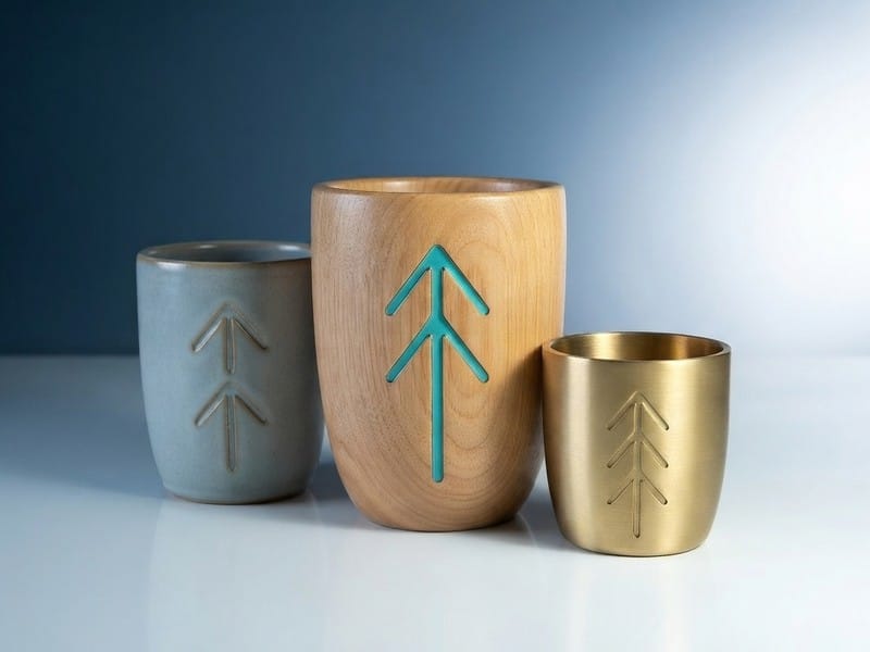 Three cups made of ceramic, wood, and brass, each decorated with a stylized vertical tree motif, arranged on a reflective white surface against a gradient background.