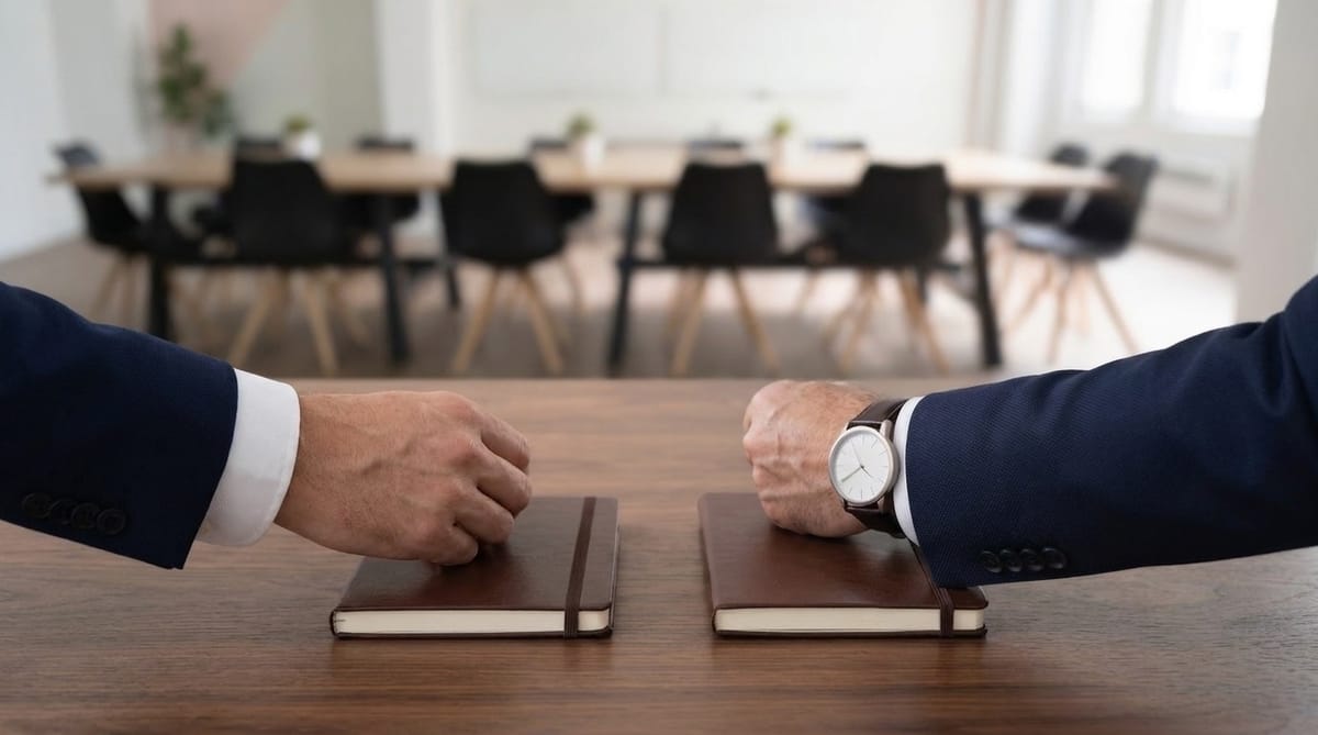Two people in navy suits sitting across a table with notebooks before a law firm interview.