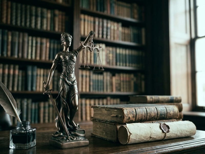 Bronze Lady Justice statue beside old leather books and a scroll in a library