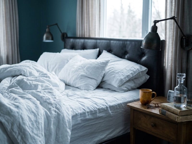 Unmade bed with white linens by a bright window, water carafe on the nightstand